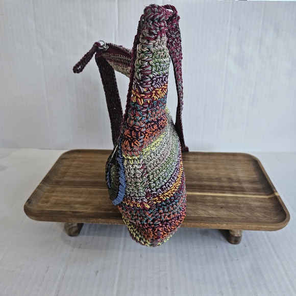 The Sak Multicolor Knit Peace Sign Crossbody Bag Zip Close Beading Boho Colorful - Picture 3 of 15